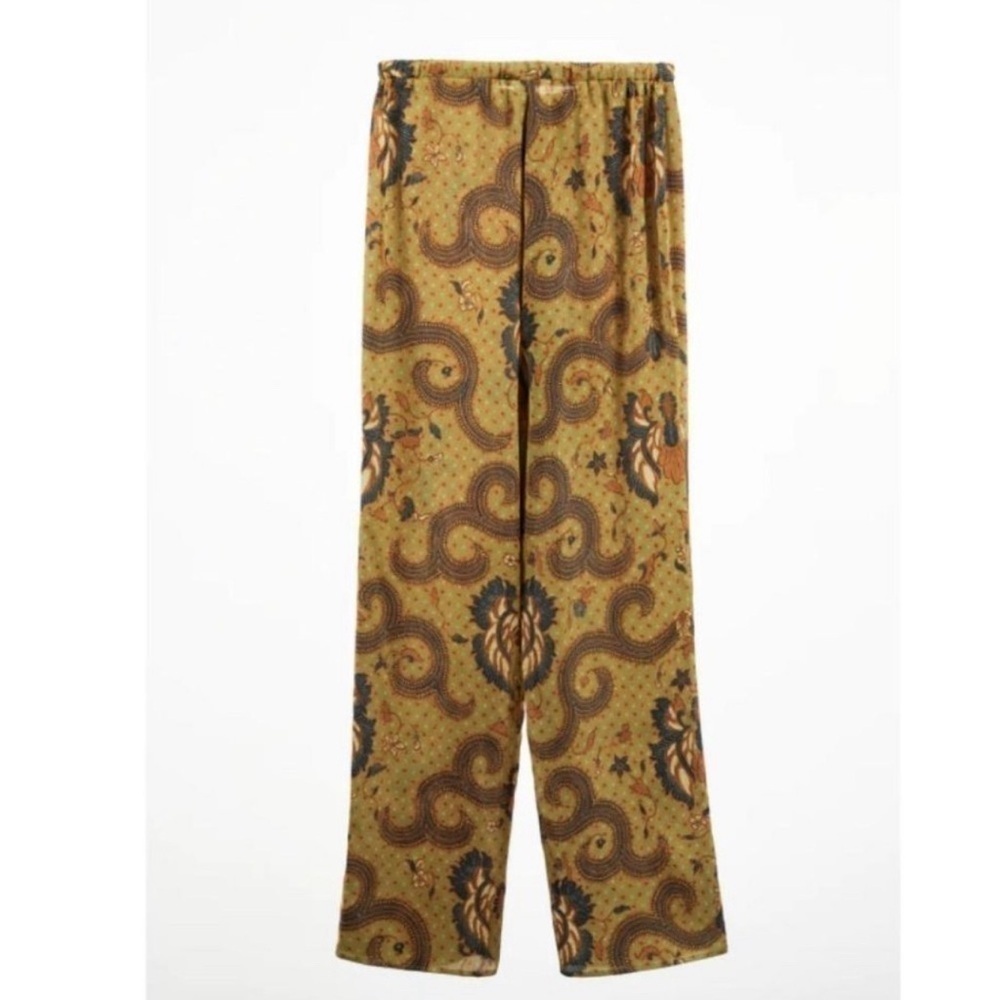 Zara green brown Paisley floral print satin effect tropical bohemian boho pants